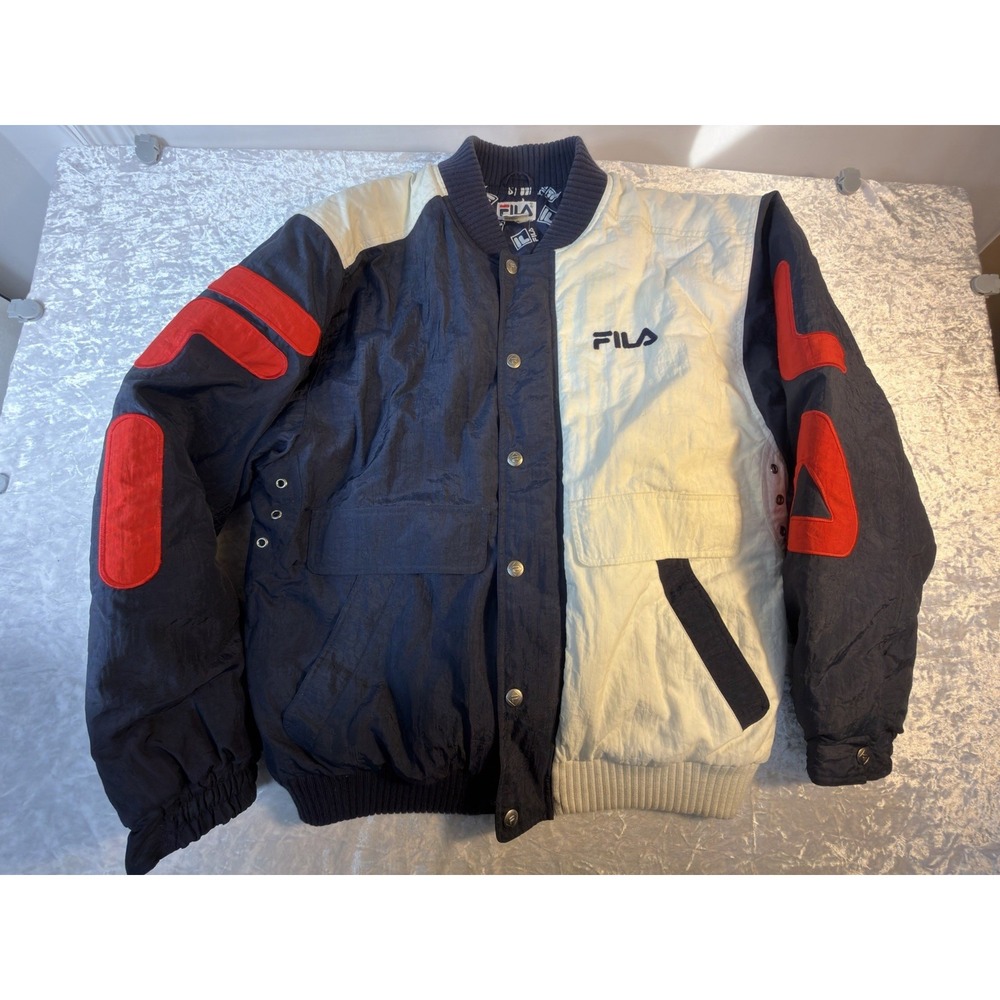 FILA Jacket Mens L Vintage 90s Colorblock Puffer Bomber Spellout Logo Navy Red